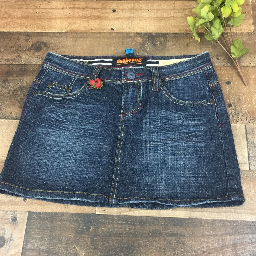 Dollhouse Dark Wash Embellished Denim Mini Skirt